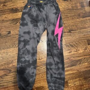 Aviator Nation Bolt Sweatpants - Black and Gray Tie Dye w/ Neon Pink